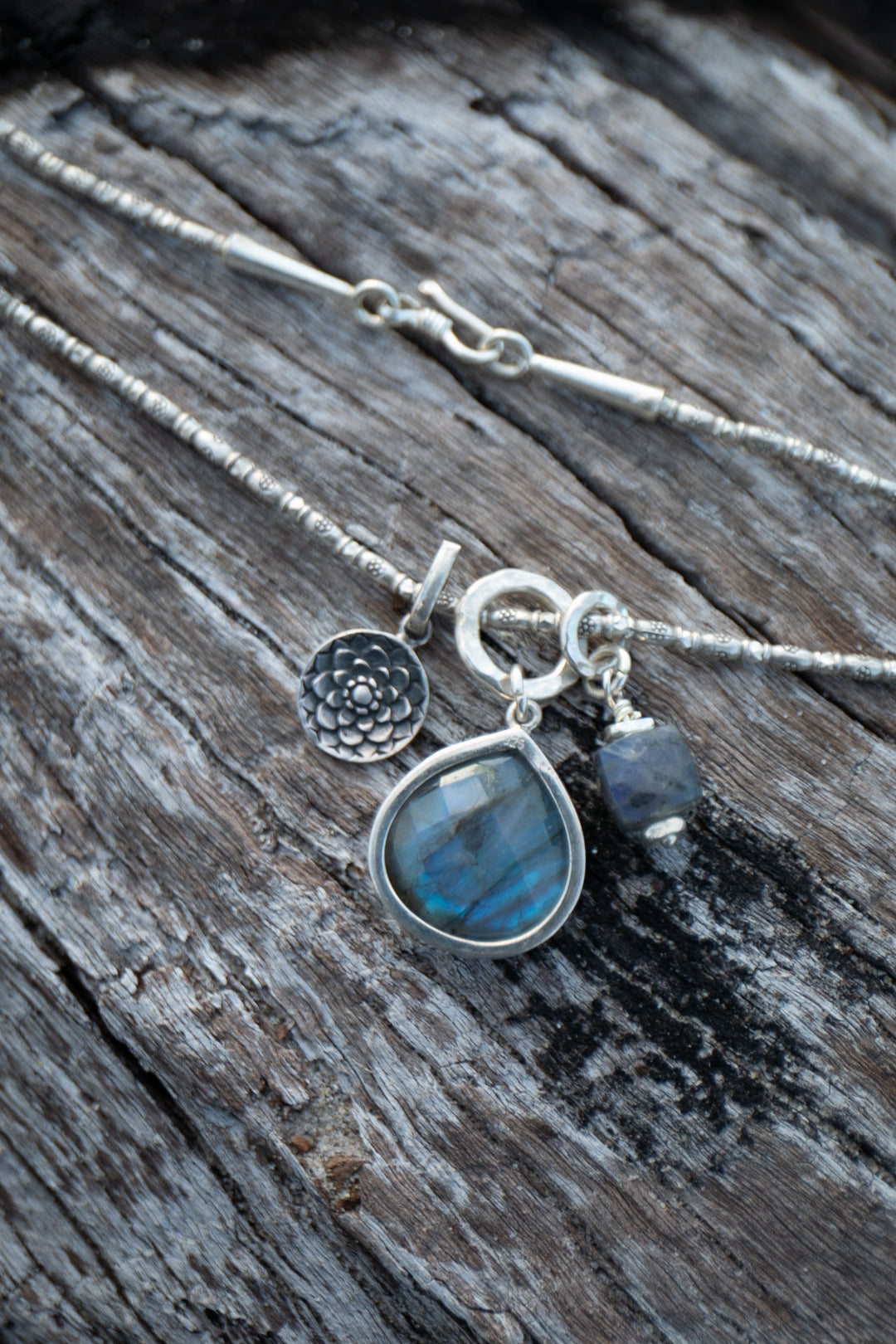 Labradorite Pendant Charm set in on Hill Tribe Silver Chain