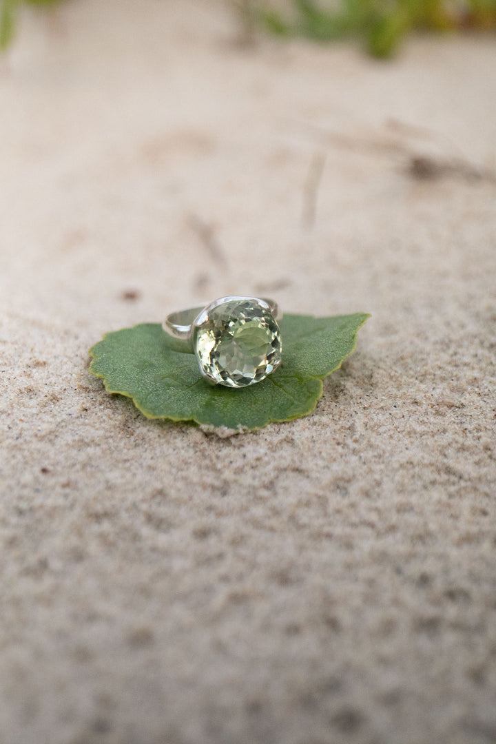Faceted Green Amethyst Ring in Sterling Silver Setting - Size 8.5 US