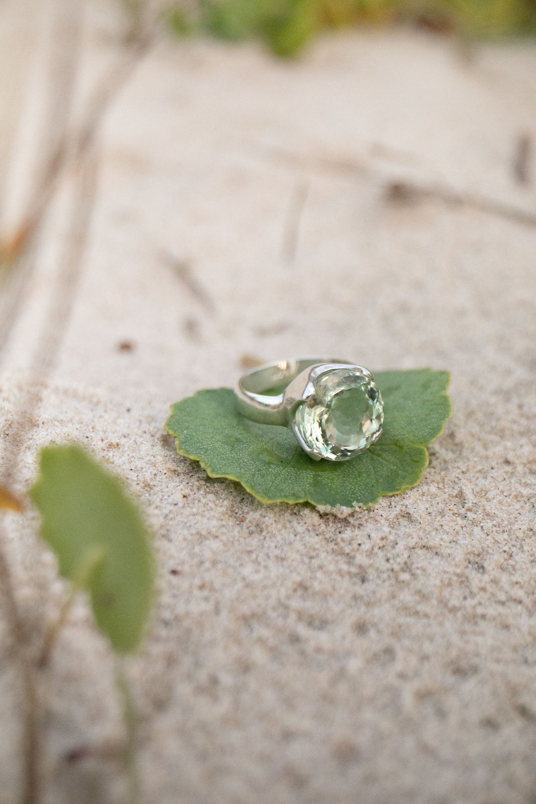 Faceted Green Amethyst Ring in Sterling Silver Setting - Size 8.5 US
