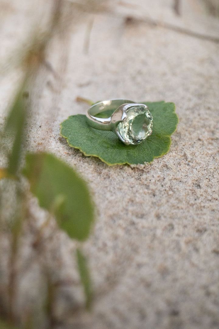 Faceted Green Amethyst Ring in Sterling Silver Setting - Size 8.5 US