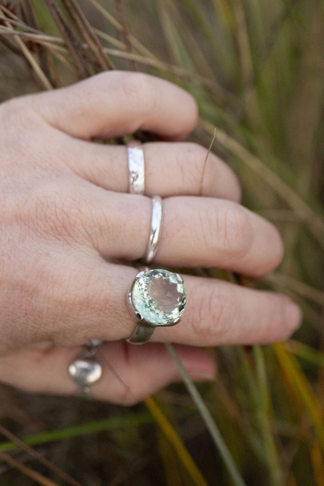 Faceted Green Amethyst Ring in Sterling Silver Setting - Size 8.5 US