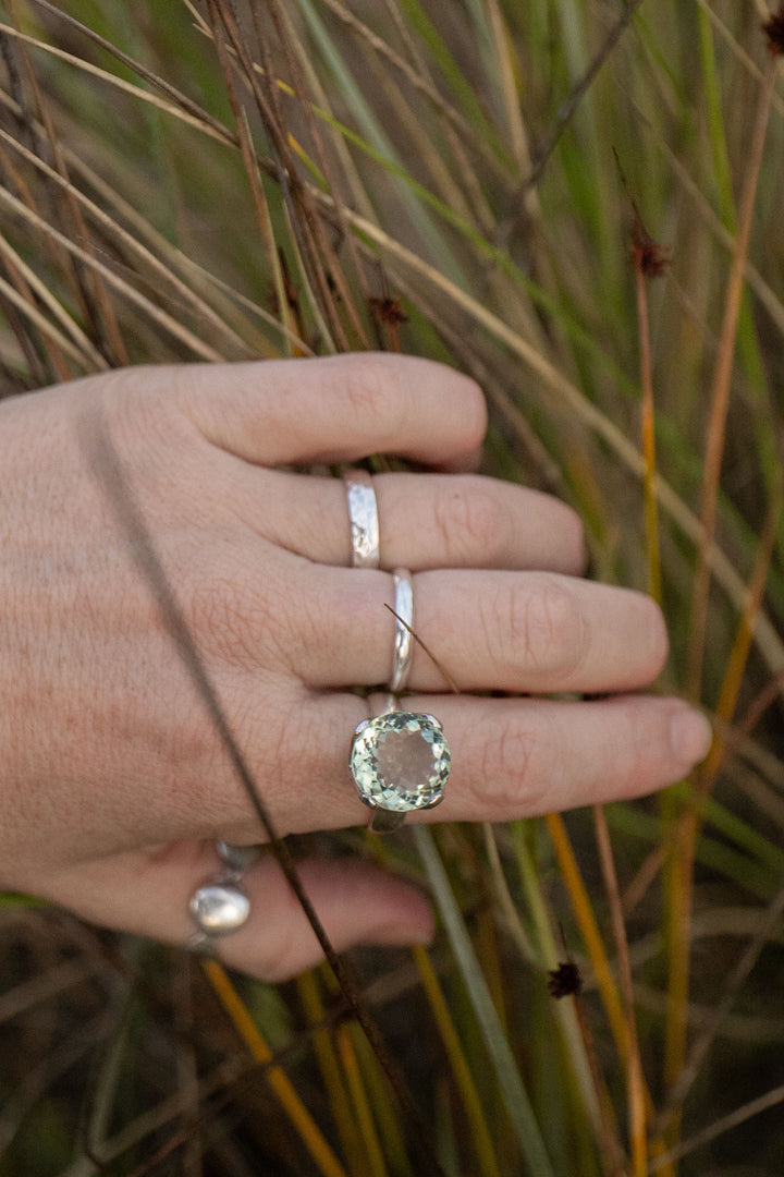 Faceted Green Amethyst Ring in Sterling Silver Setting - Size 8.5 US