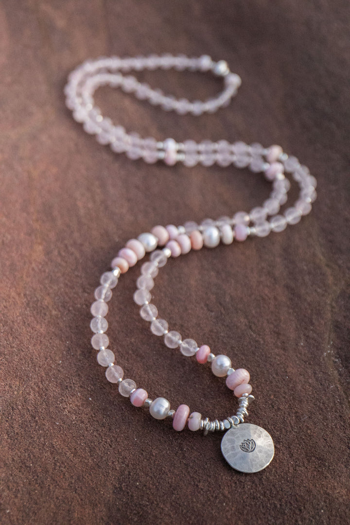 Rose Quartz, Pink Opal and Pearl Mala Style Necklace with Thai Hill Tribe Silver + Om Charm