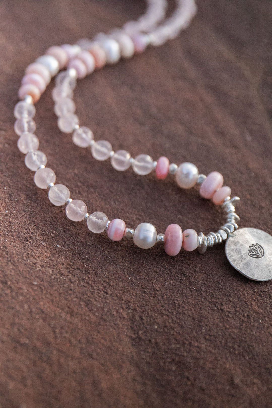 Rose Quartz, Pink Opal and Pearl Mala Style Necklace with Thai Hill Tribe Silver + Om Charm