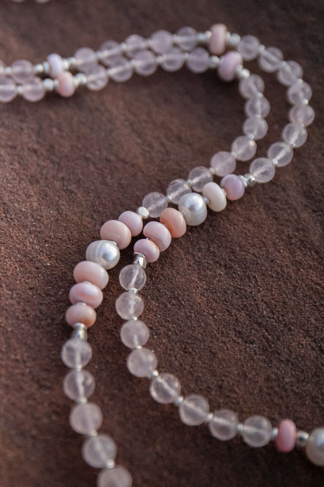 Rose Quartz, Pink Opal and Pearl Mala Style Necklace with Thai Hill Tribe Silver + Om Charm