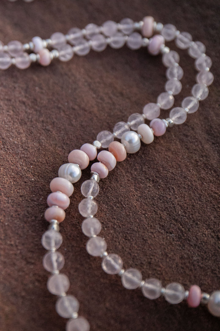 Rose Quartz, Pink Opal and Pearl Mala Style Necklace with Thai Hill Tribe Silver + Om Charm