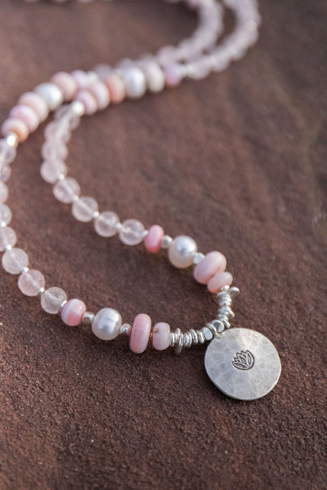 Rose Quartz, Pink Opal and Pearl Mala Style Necklace with Thai Hill Tribe Silver + Om Charm