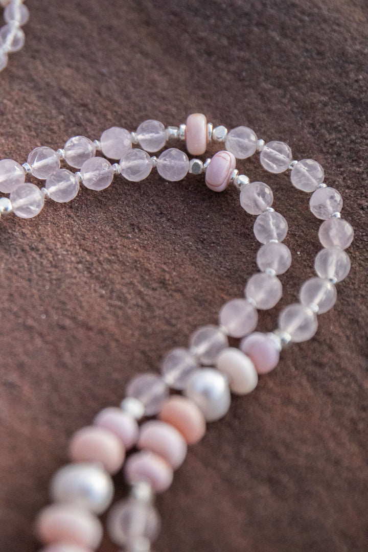 Rose Quartz, Pink Opal and Pearl Mala Style Necklace with Thai Hill Tribe Silver + Om Charm
