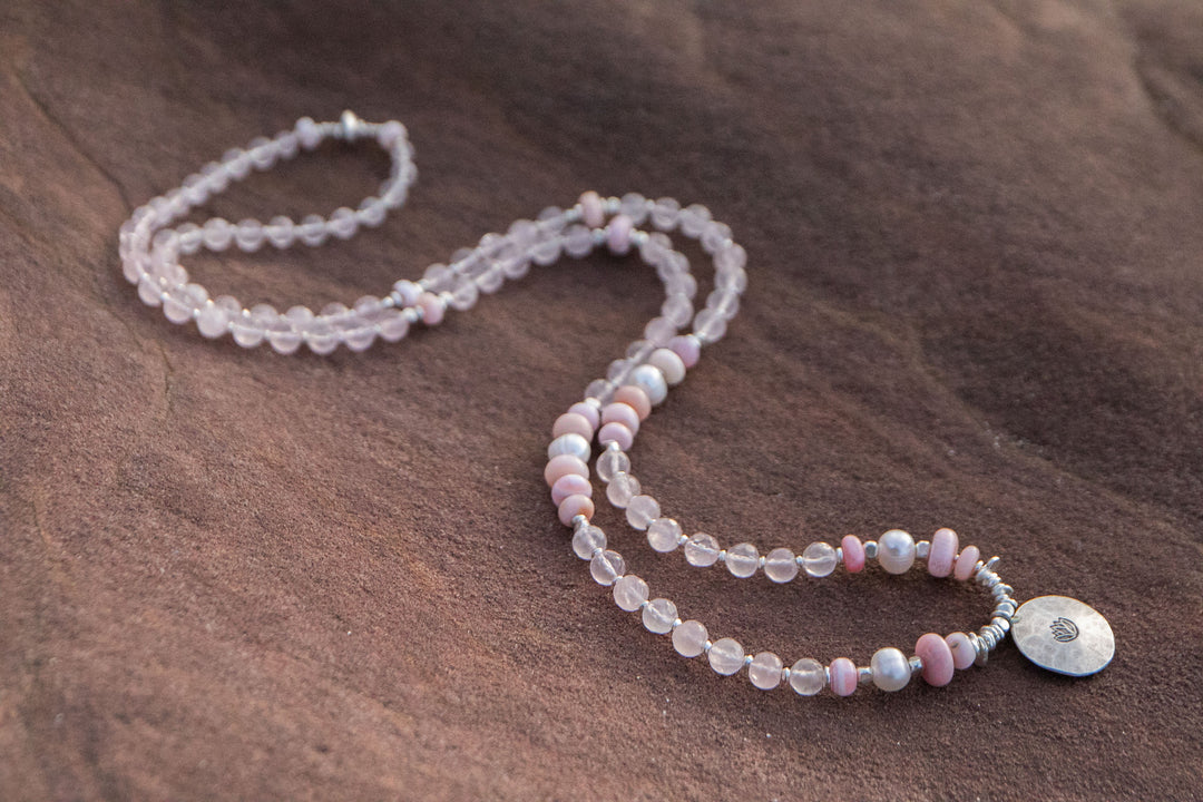 Rose Quartz, Pink Opal and Pearl Mala Style Necklace with Thai Hill Tribe Silver + Om Charm
