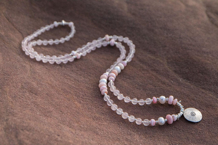 Rose Quartz, Pink Opal and Pearl Mala Style Necklace with Thai Hill Tribe Silver + Om Charm