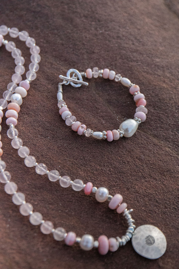 Pink Opal, Rose Quartz and Freshwater Pearl Bracelet with Thai Hill Tribe Silver