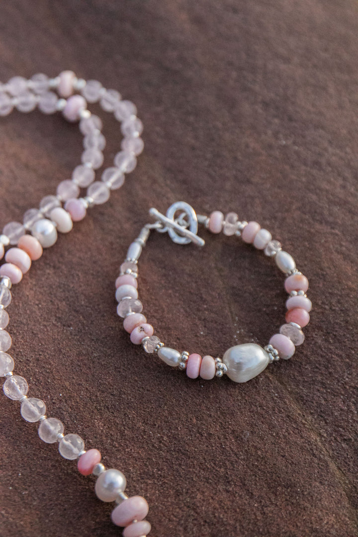 Pink Opal, Rose Quartz and Freshwater Pearl Bracelet with Thai Hill Tribe Silver
