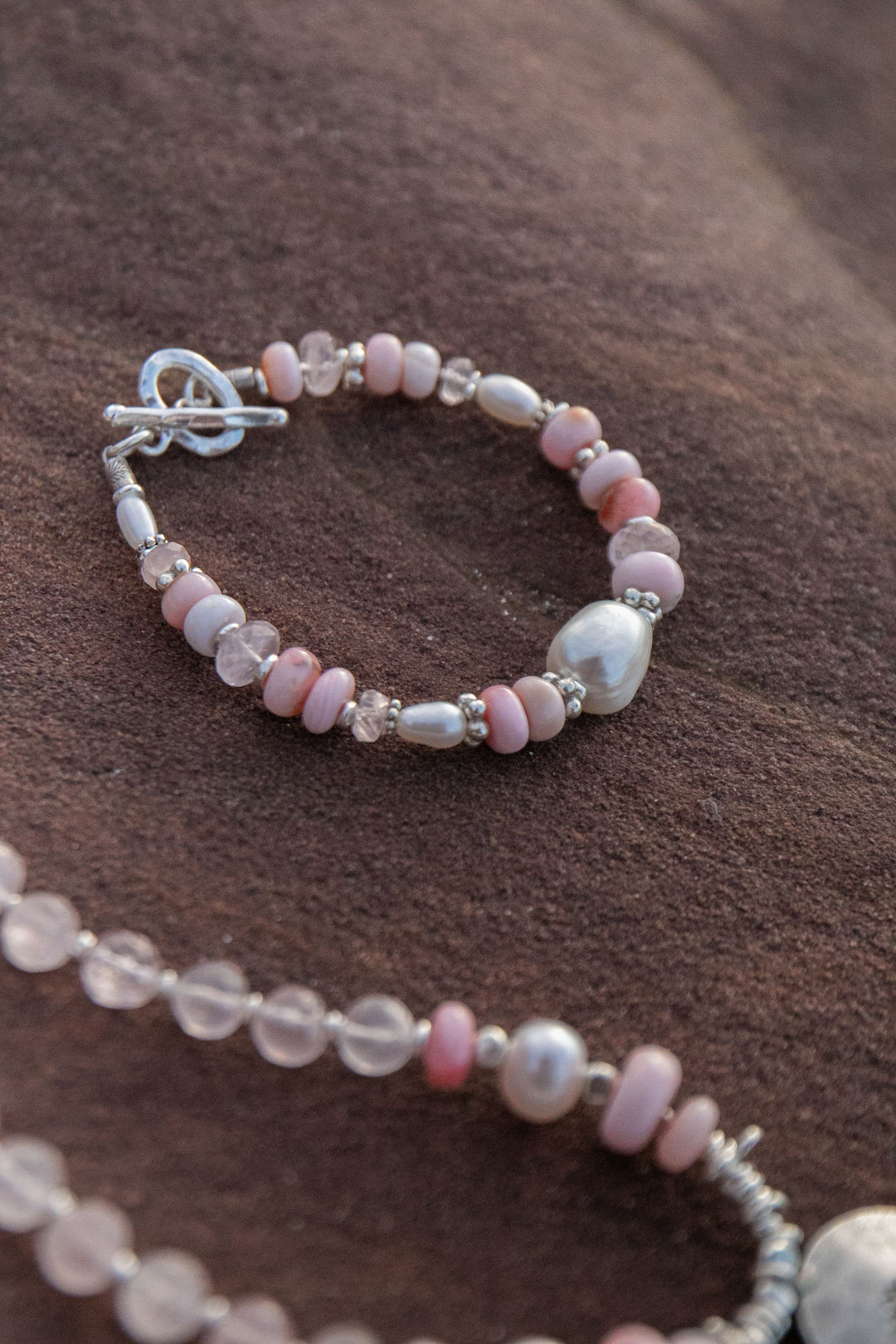 Pink Opal, Rose Quartz and Freshwater Pearl Bracelet with Thai Hill Tribe Silver