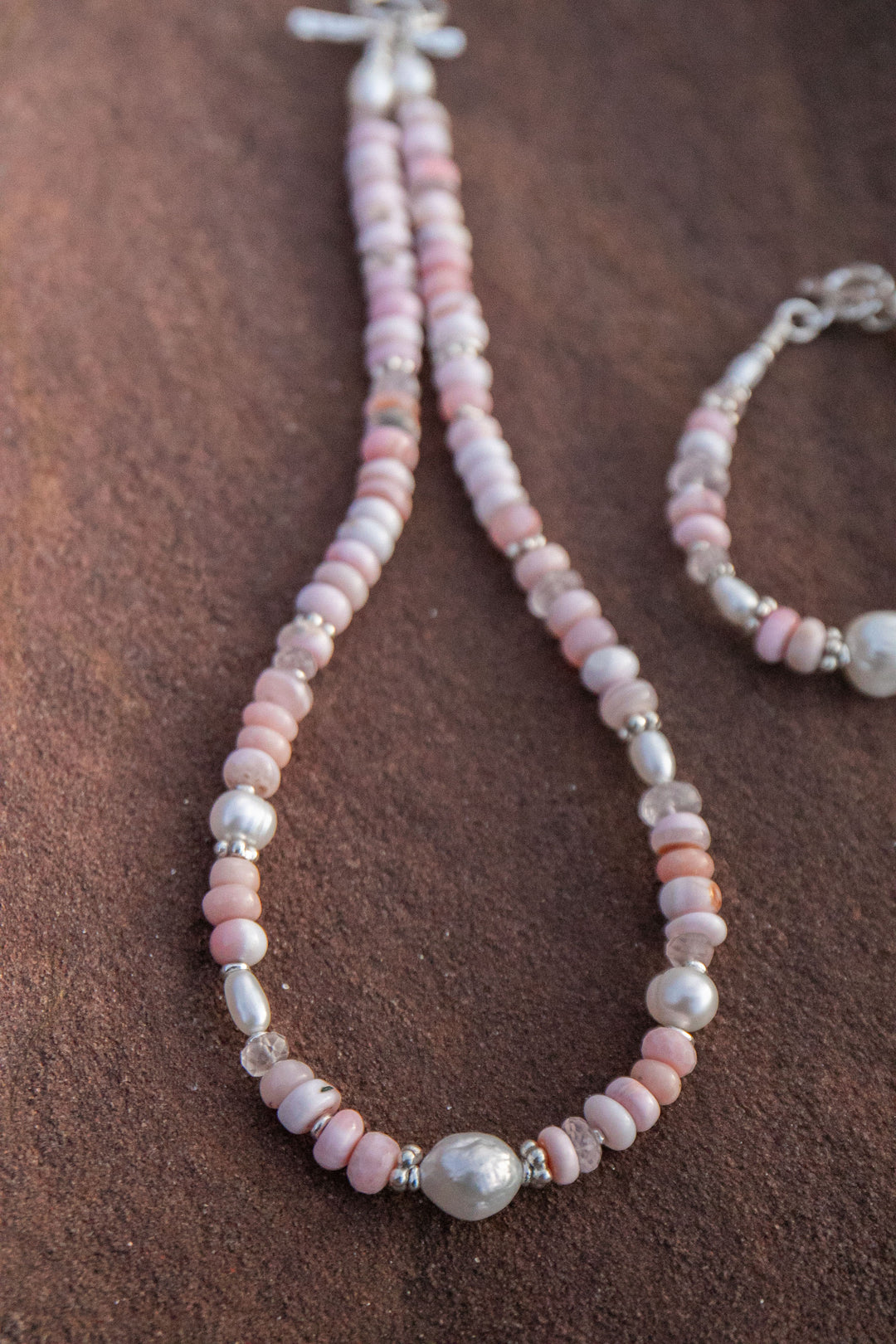 Pink Opal, Rose Quartz and Freshwater Pearl Necklace with Thai Hill Tribe Silver
