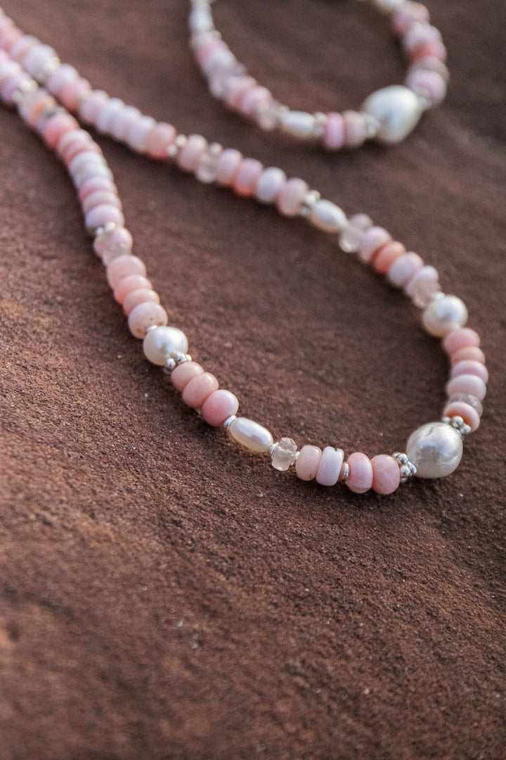 Pink Opal, Rose Quartz and Freshwater Pearl Necklace with Thai Hill Tribe Silver