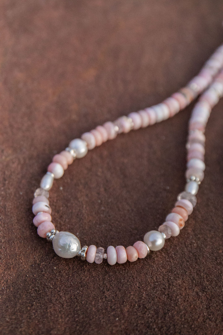 Pink Opal, Rose Quartz and Freshwater Pearl Necklace with Thai Hill Tribe Silver