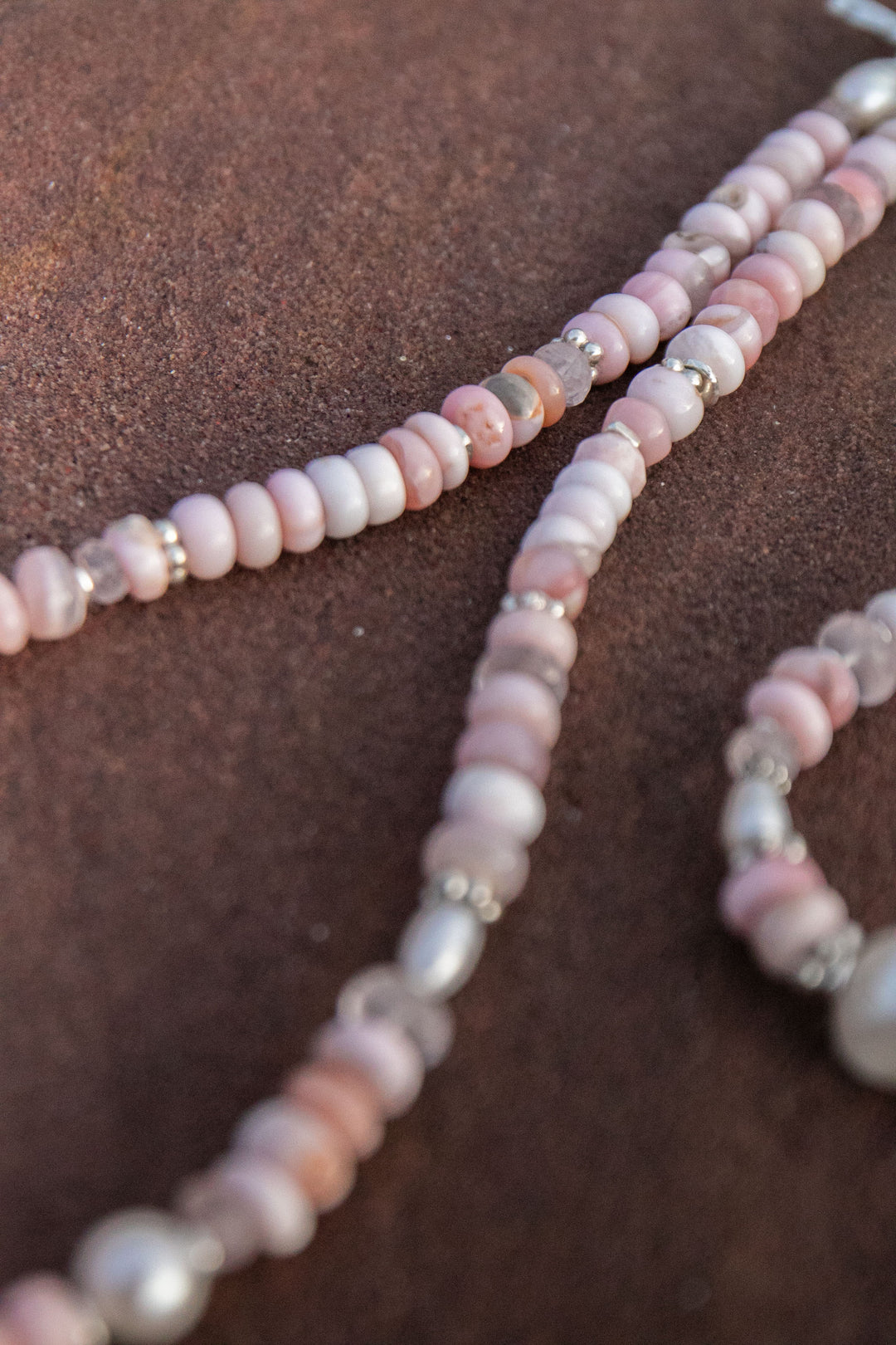 Pink Opal, Rose Quartz and Freshwater Pearl Necklace with Thai Hill Tribe Silver