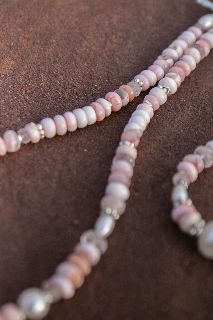 Pink Opal, Rose Quartz and Freshwater Pearl Necklace with Thai Hill Tribe Silver