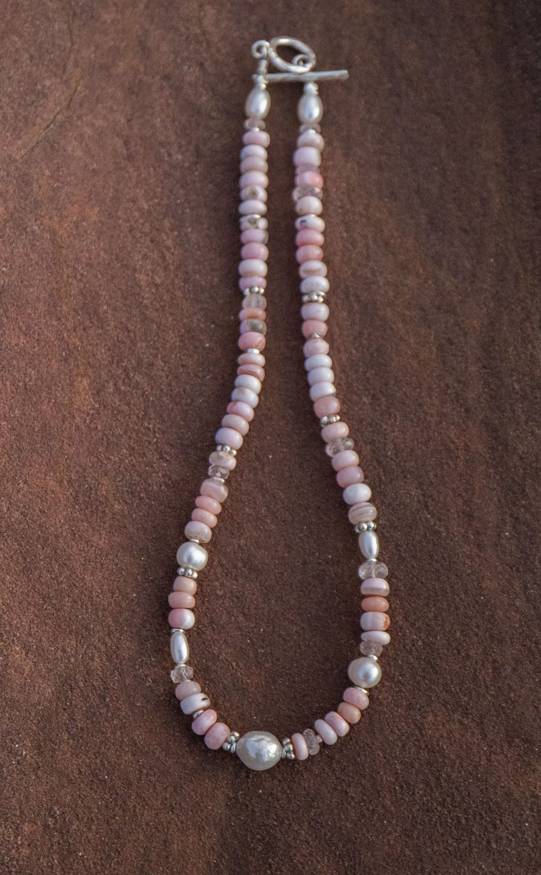 Pink Opal, Rose Quartz and Freshwater Pearl Necklace with Thai Hill Tribe Silver