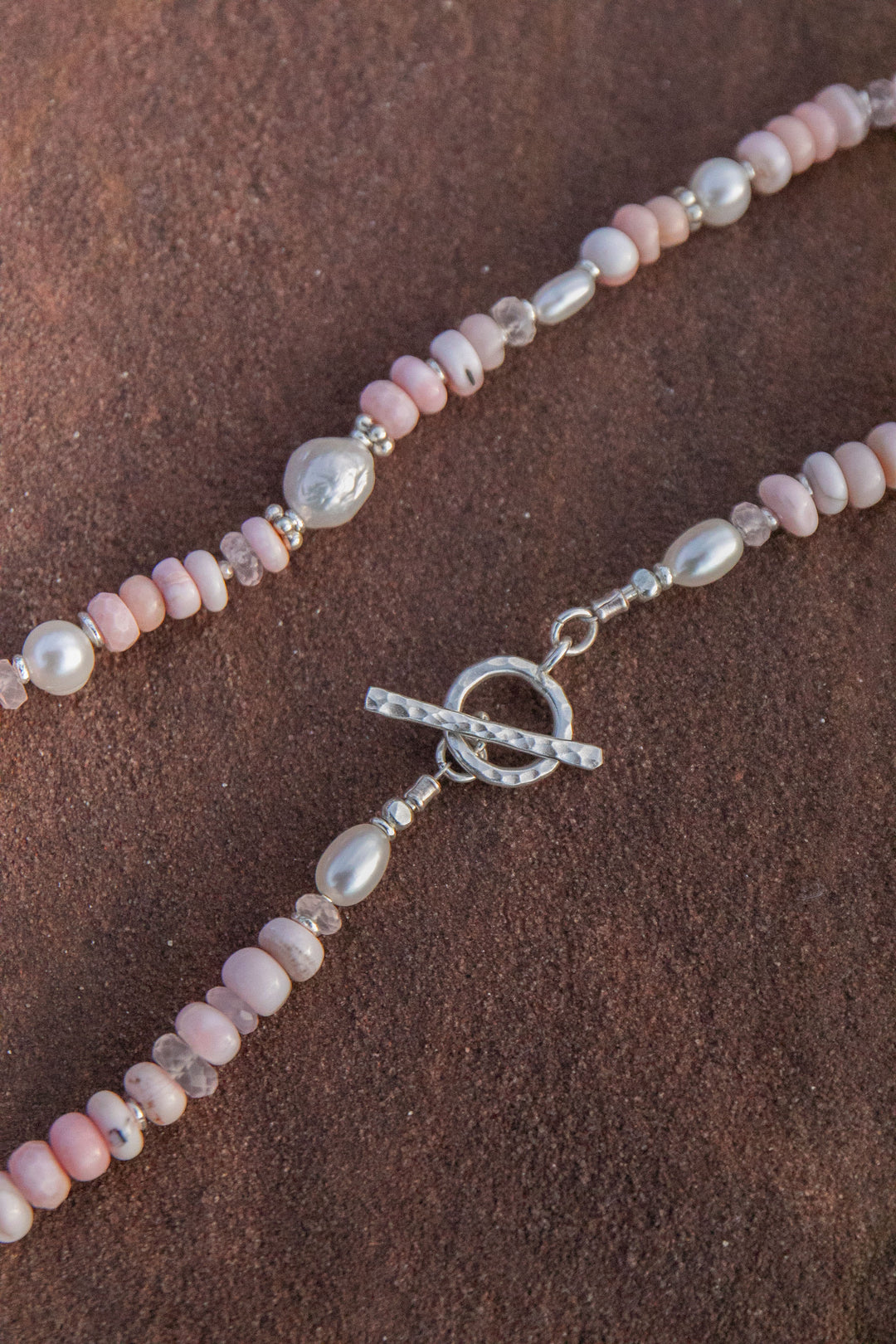 Pink Opal, Rose Quartz and Freshwater Pearl Necklace with Thai Hill Tribe Silver