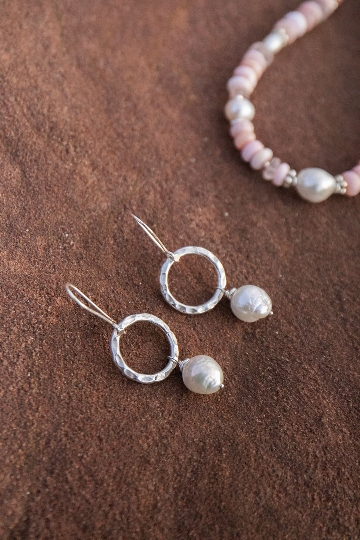 Freshwater Pearl Earrings with Beaten Circle Thai Hill Tribe Silver
