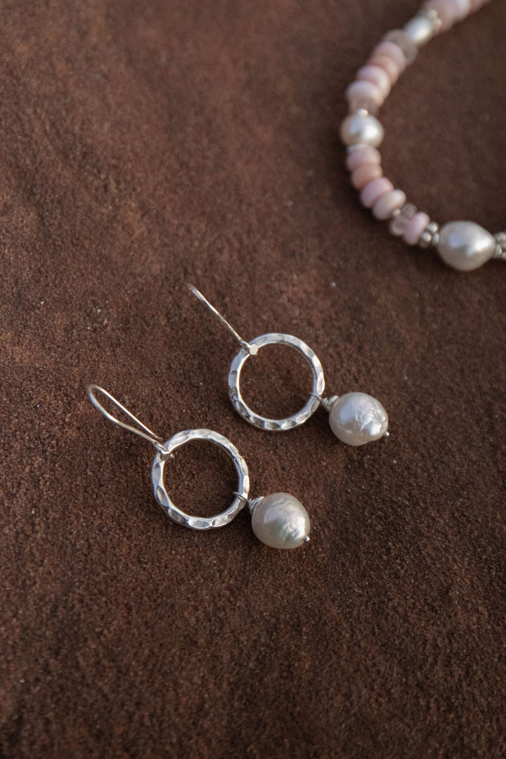 Freshwater Pearl Earrings with Beaten Circle Thai Hill Tribe Silver