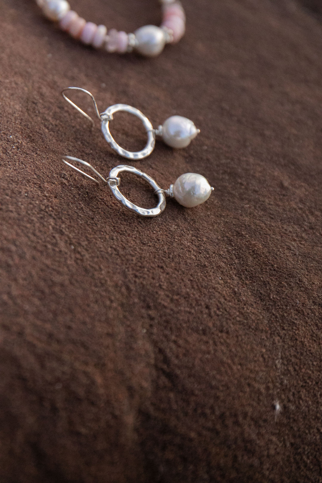 Freshwater Pearl Earrings with Beaten Circle Thai Hill Tribe Silver