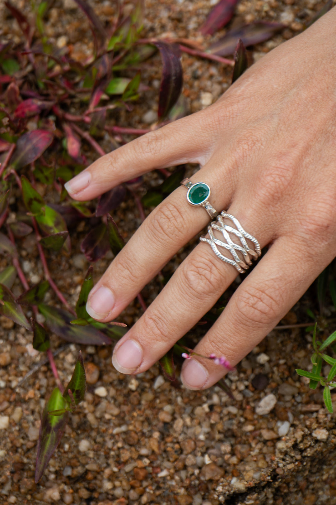 Green Kyanite Beaten Silver Ring - Size 6.5 US