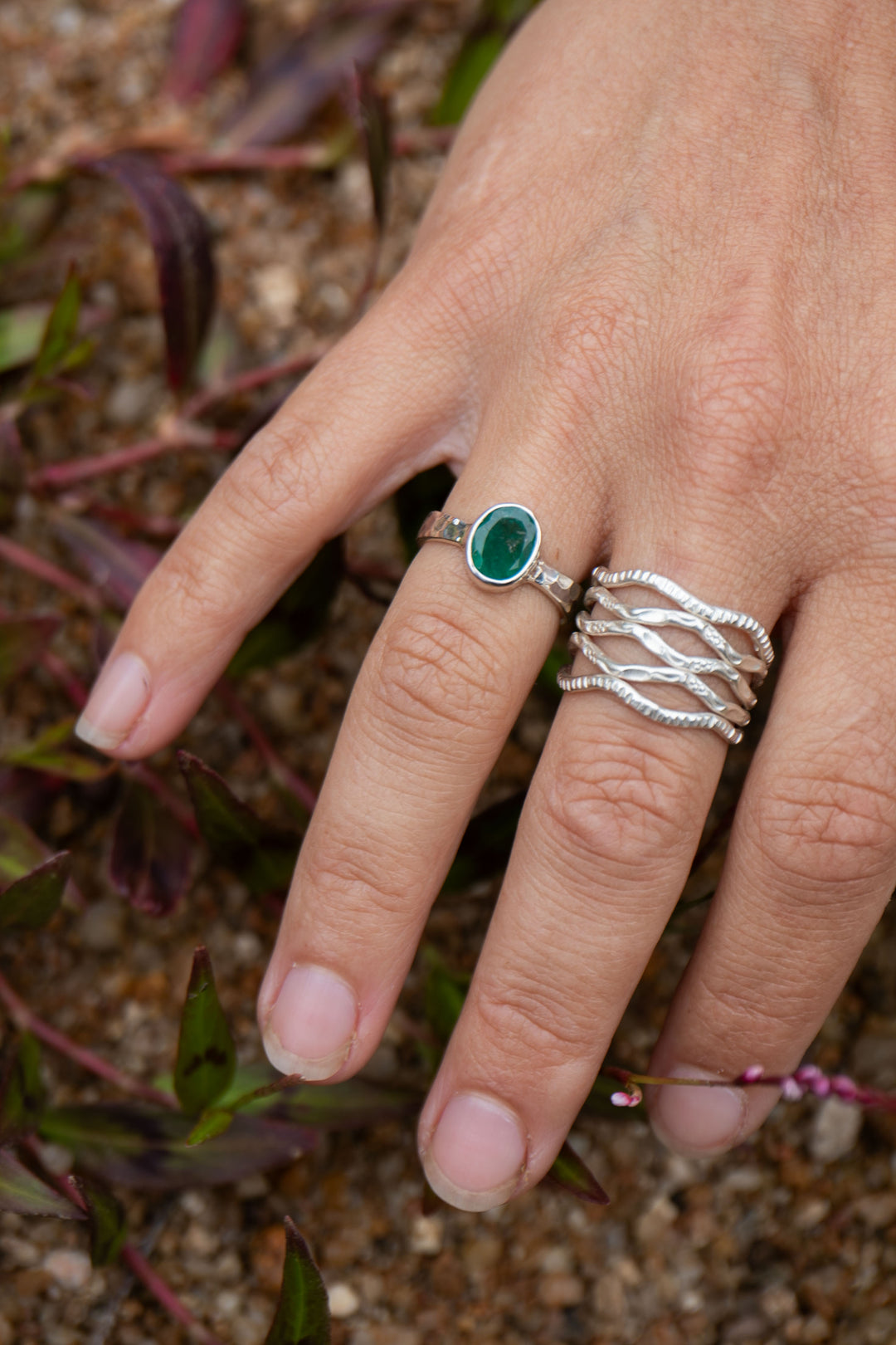 Green Kyanite Beaten Silver Ring - Size 6.5 US