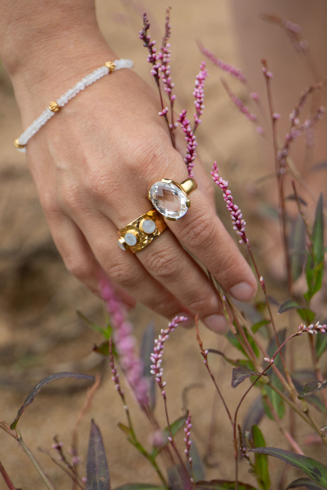 Rainbow Moonstone Triple Ring Set in Beaten 14k Gold Plated Sterling Silver - Size 7 US