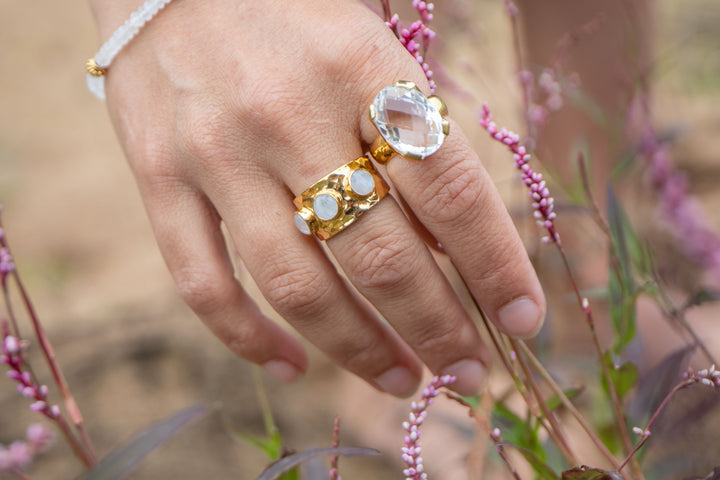 Faceted Crystal Quartz Ring set in Claw Gold Plated Sterling Silver - Size 8 US