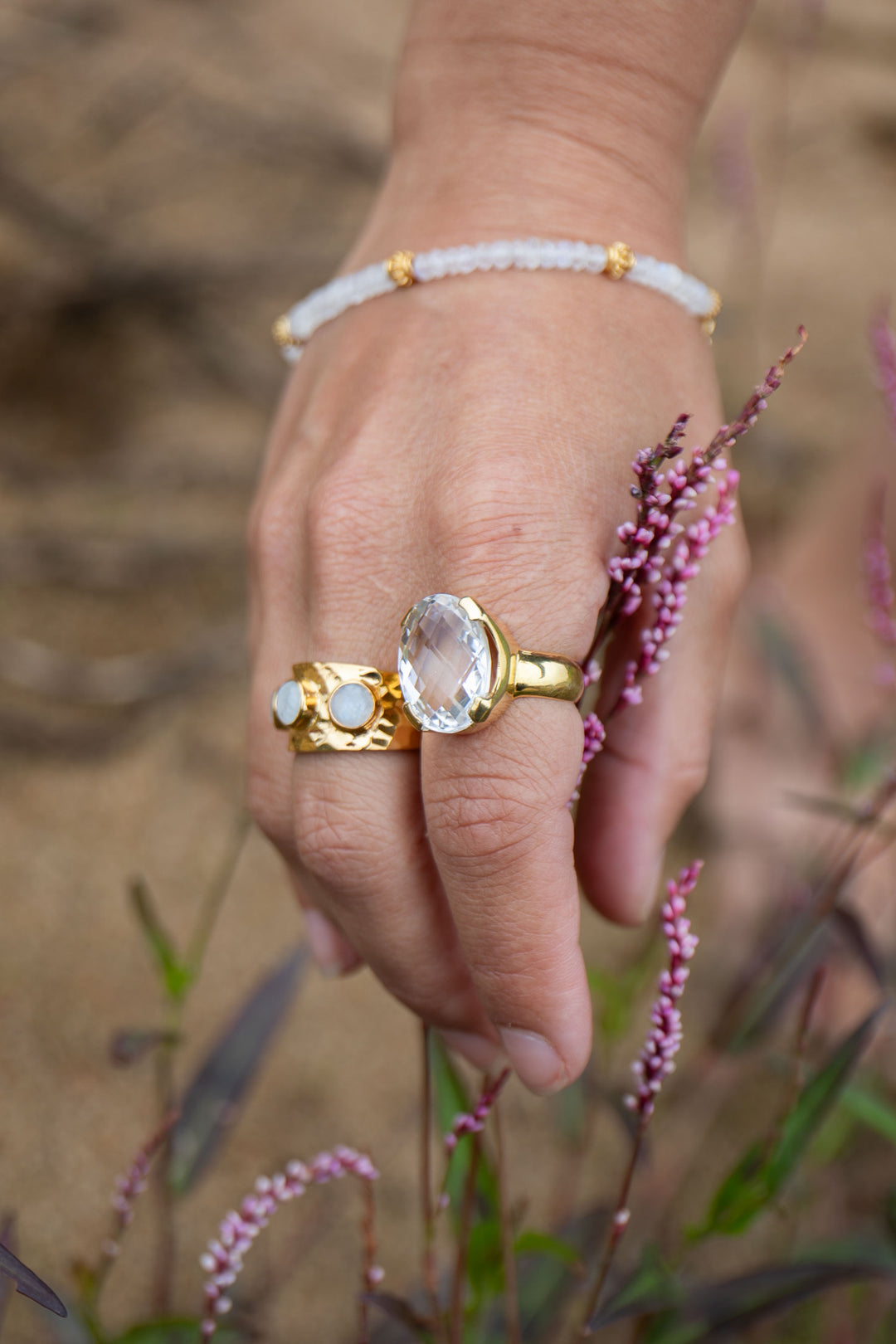 Rainbow Moonstone Triple Ring Set in Beaten 14k Gold Plated Sterling Silver - Size 7 US