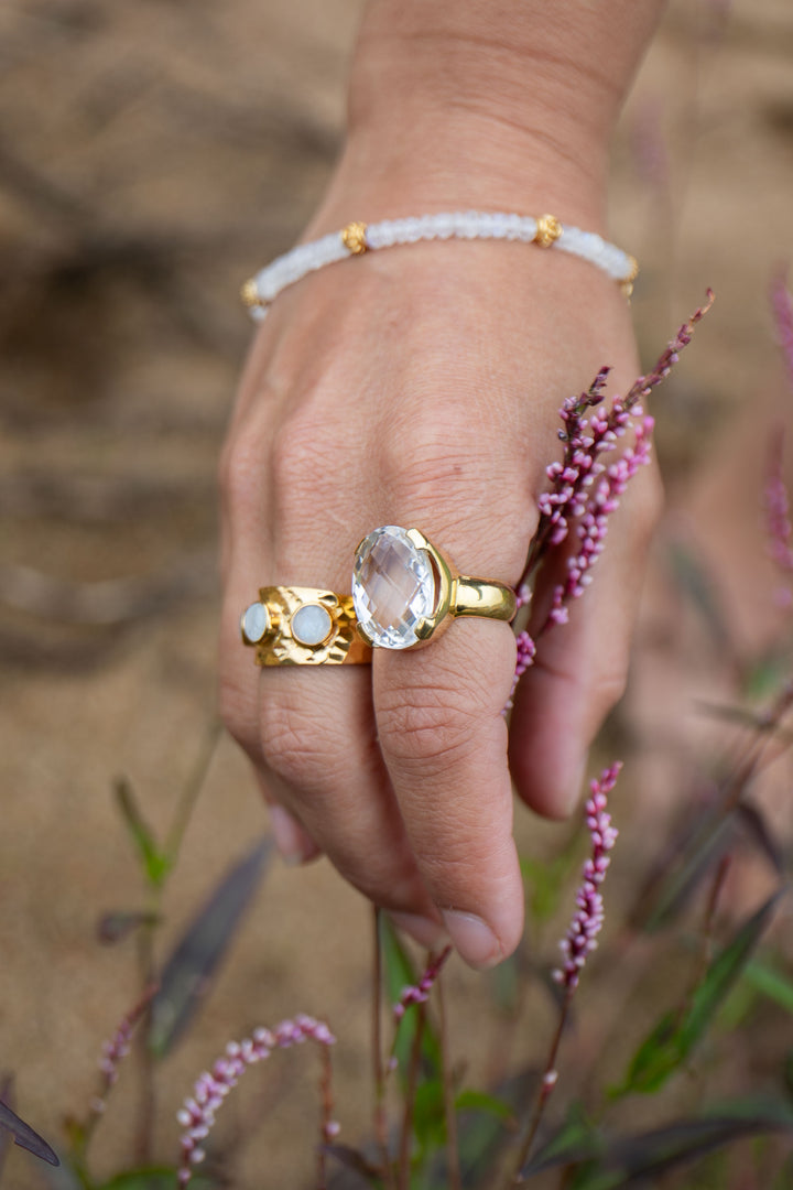 Faceted Crystal Quartz Ring set in Claw Gold Plated Sterling Silver - Size 8 US