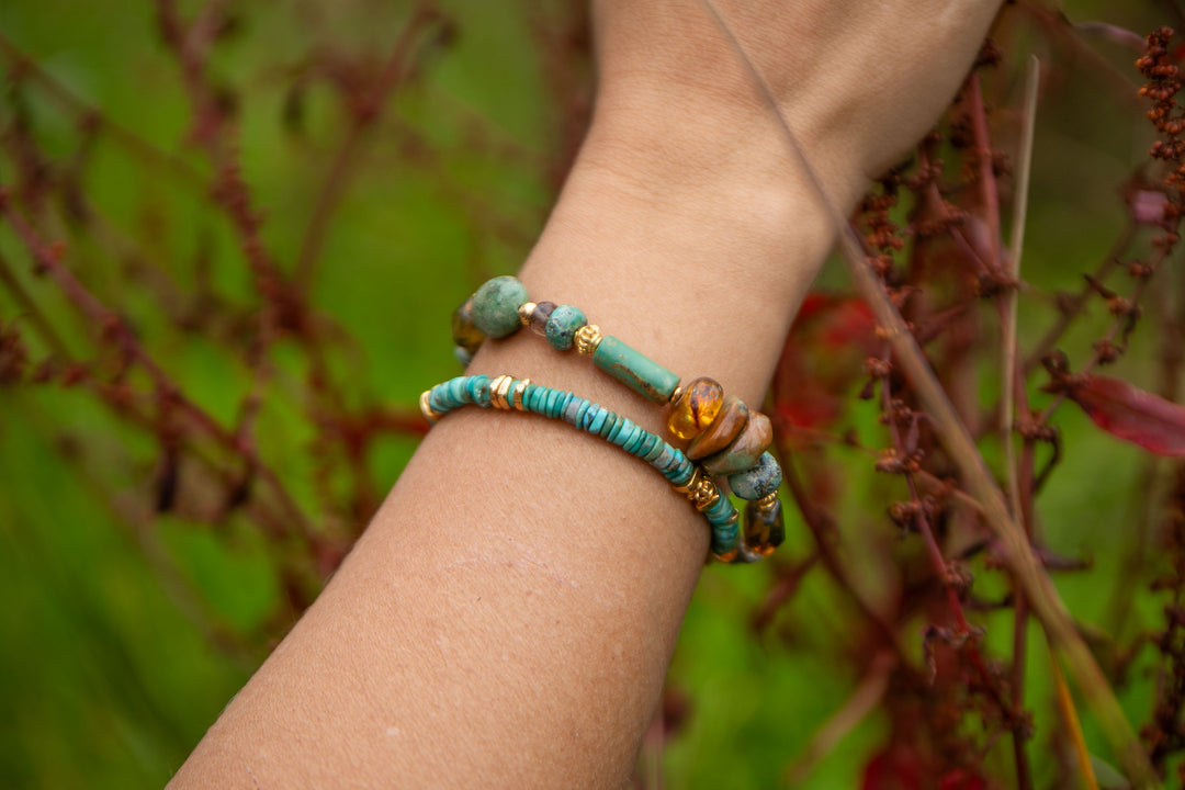 Beaded Amber, Turquoise and Gold Vermeil Sterling Silver Bracelet