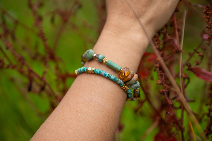 Beaded Amber, Turquoise and Gold Vermeil Sterling Silver Bracelet