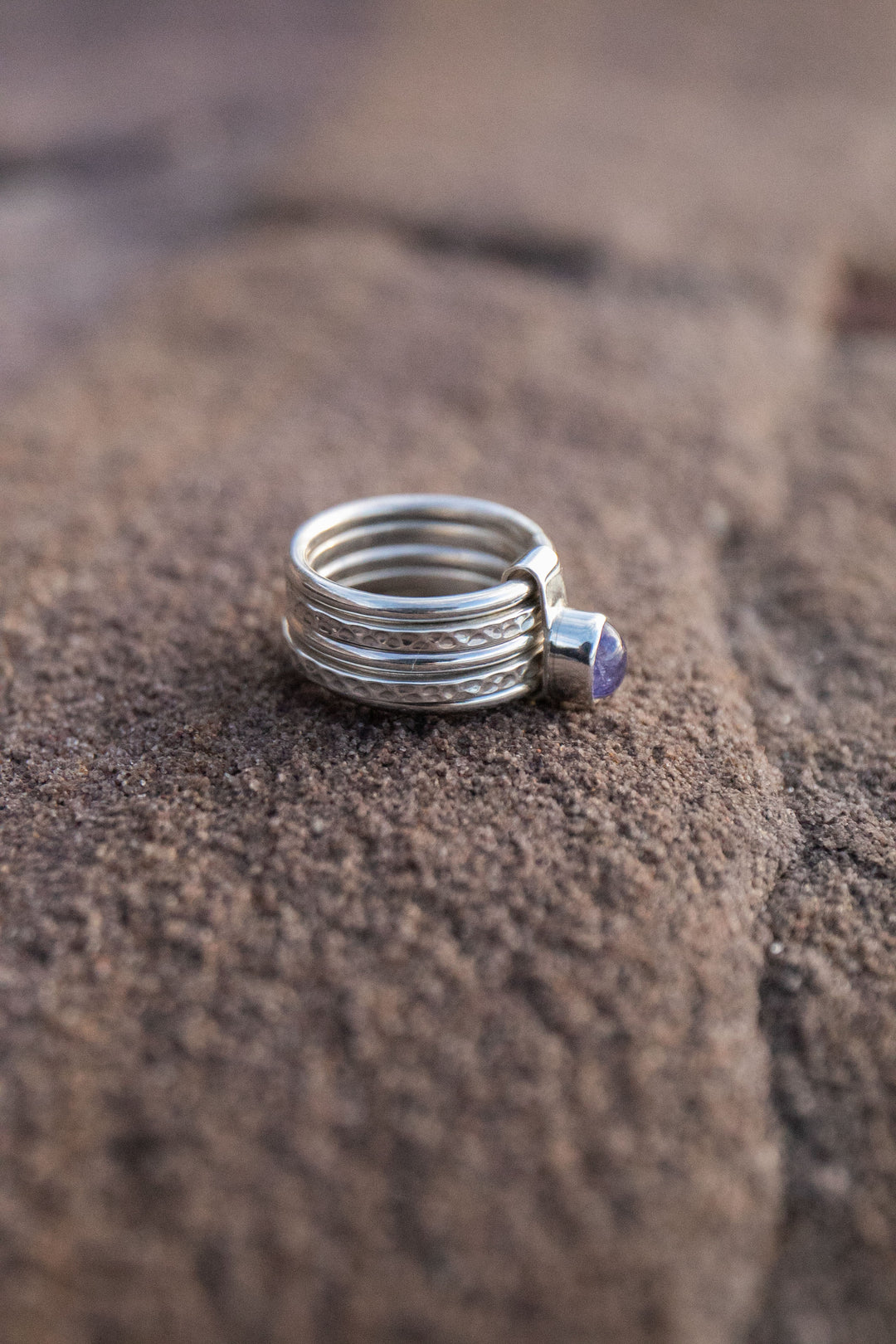 Tanzanite Ring in Beaten Sterling Silver Multi Band Setting - Size 7 US