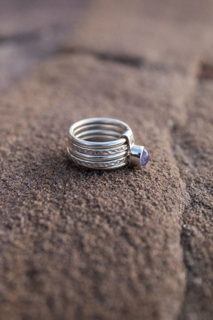 Tanzanite Ring in Beaten Sterling Silver Multi Band Setting - Size 7 US