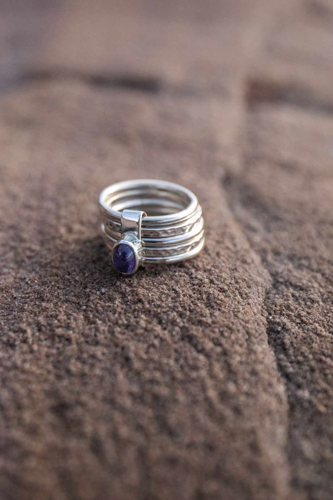 Tanzanite Ring in Beaten Sterling Silver Multi Band Setting - Size 7 US