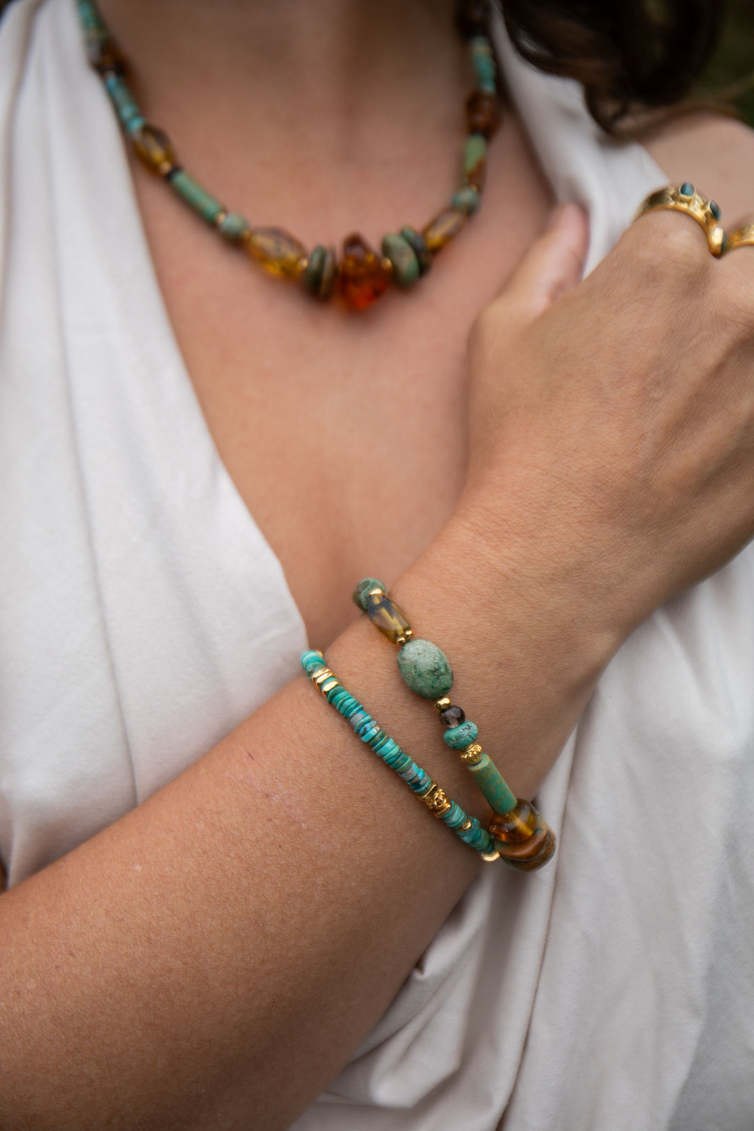 Beaded Amber, Turquoise and Gold Vermeil Sterling Silver Bracelet