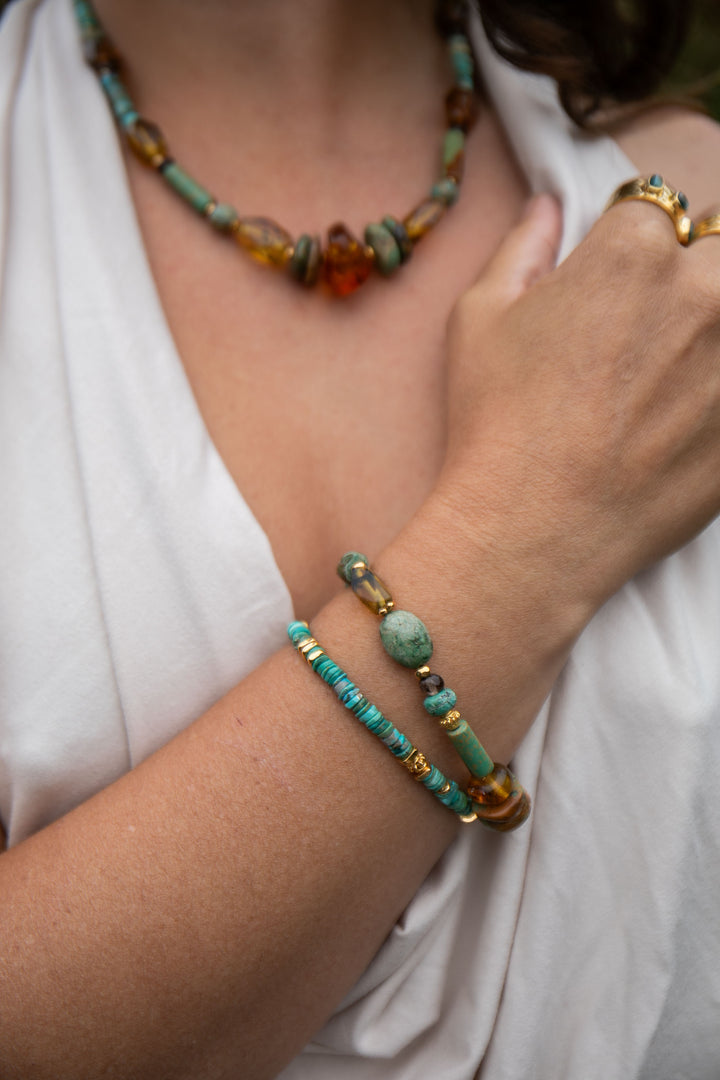 Beaded Amber, Turquoise and Gold Vermeil Sterling Silver Bracelet