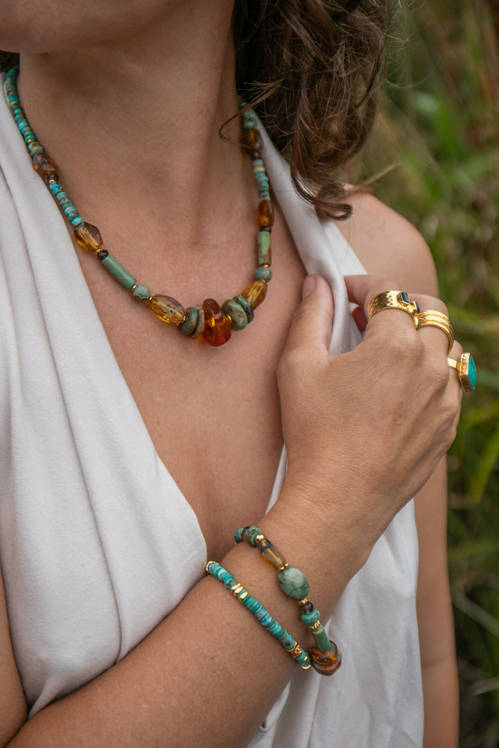 Beaded Amber, Turquoise and Gold Vermeil Sterling Silver Bracelet