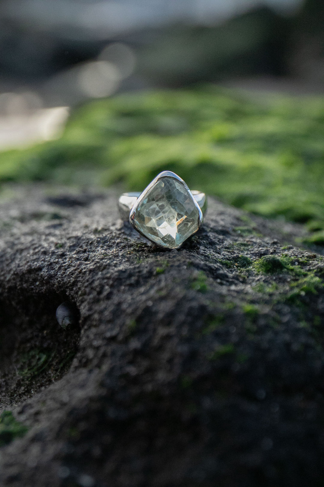 Faceted Green Amethyst Ring in Sterling Silver Setting - Size 9 US