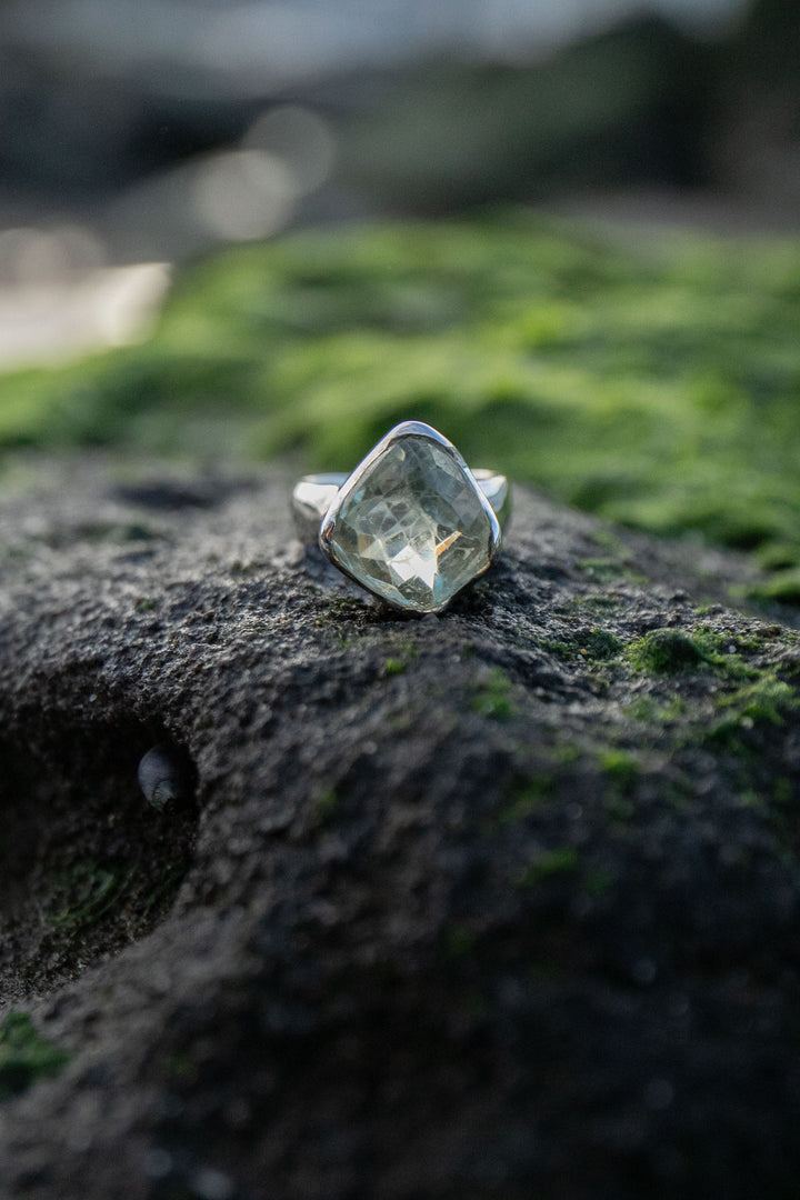Faceted Green Amethyst Ring in Sterling Silver Setting - Size 9 US
