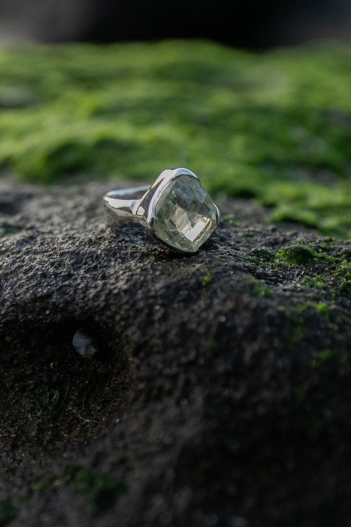 Faceted Green Amethyst Ring in Sterling Silver Setting - Size 9 US