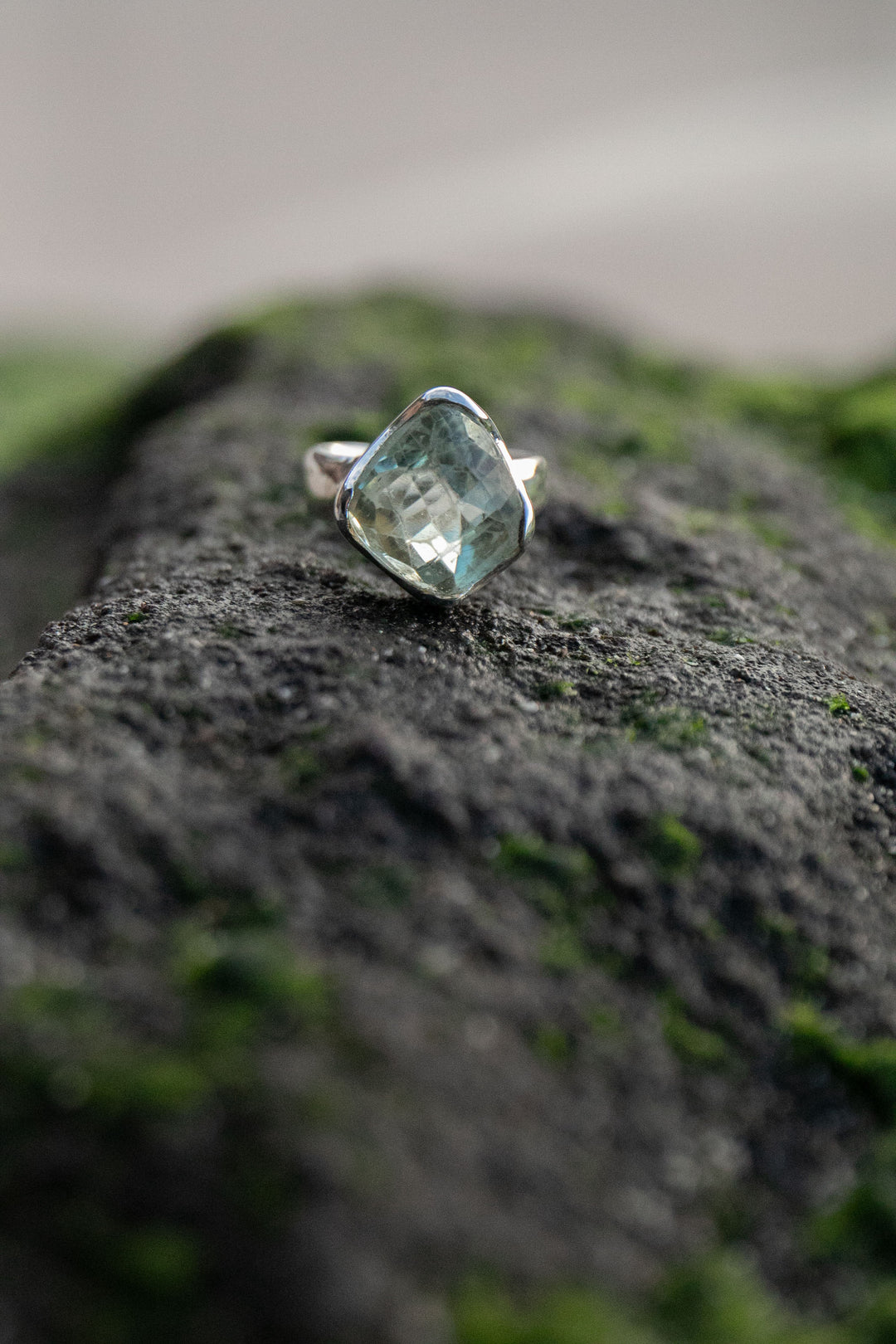 Faceted Green Amethyst Ring in Sterling Silver Setting - Size 9 US