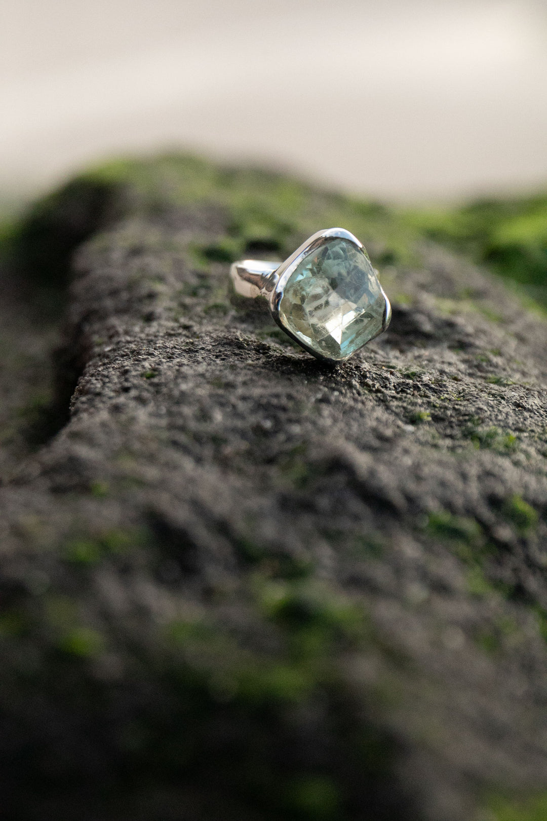 Faceted Green Amethyst Ring in Sterling Silver Setting - Size 9 US