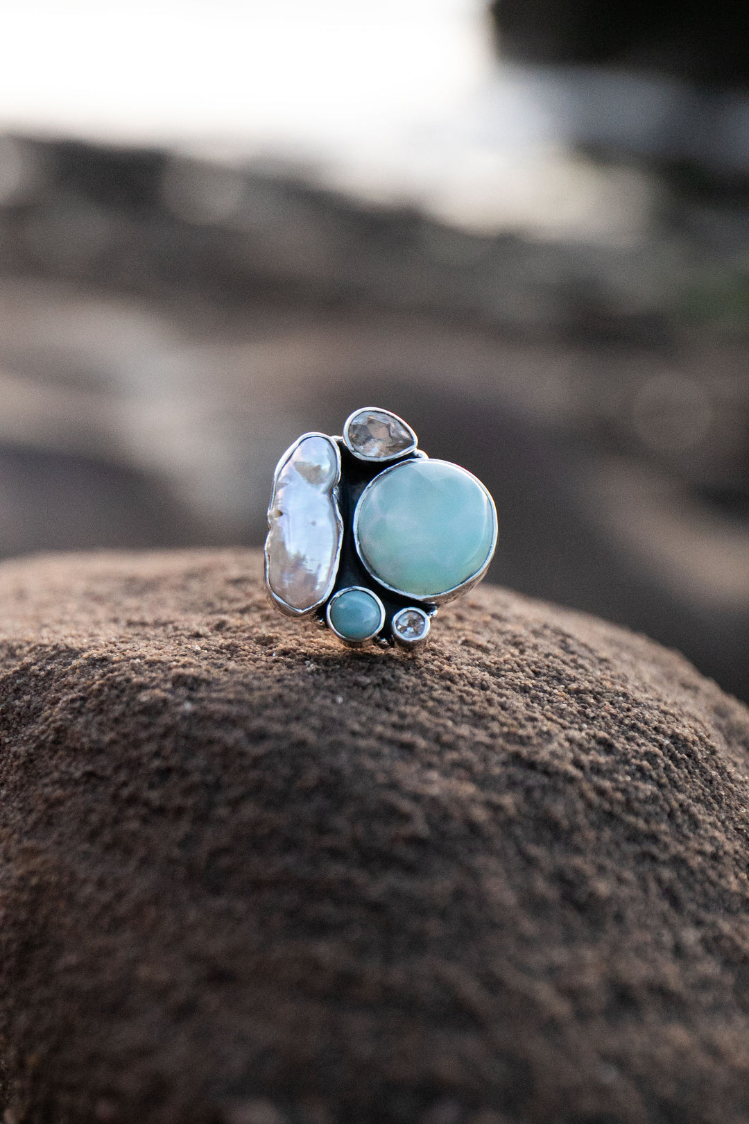 Larimar, Topaz & Freshwater Pearl Ring in Sterling Silver - Size 9 US