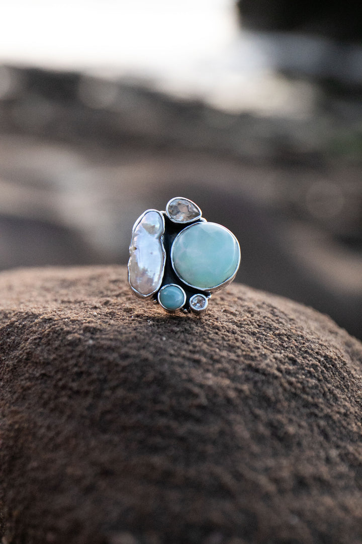 Larimar, Topaz & Freshwater Pearl Ring in Sterling Silver - Size 9 US