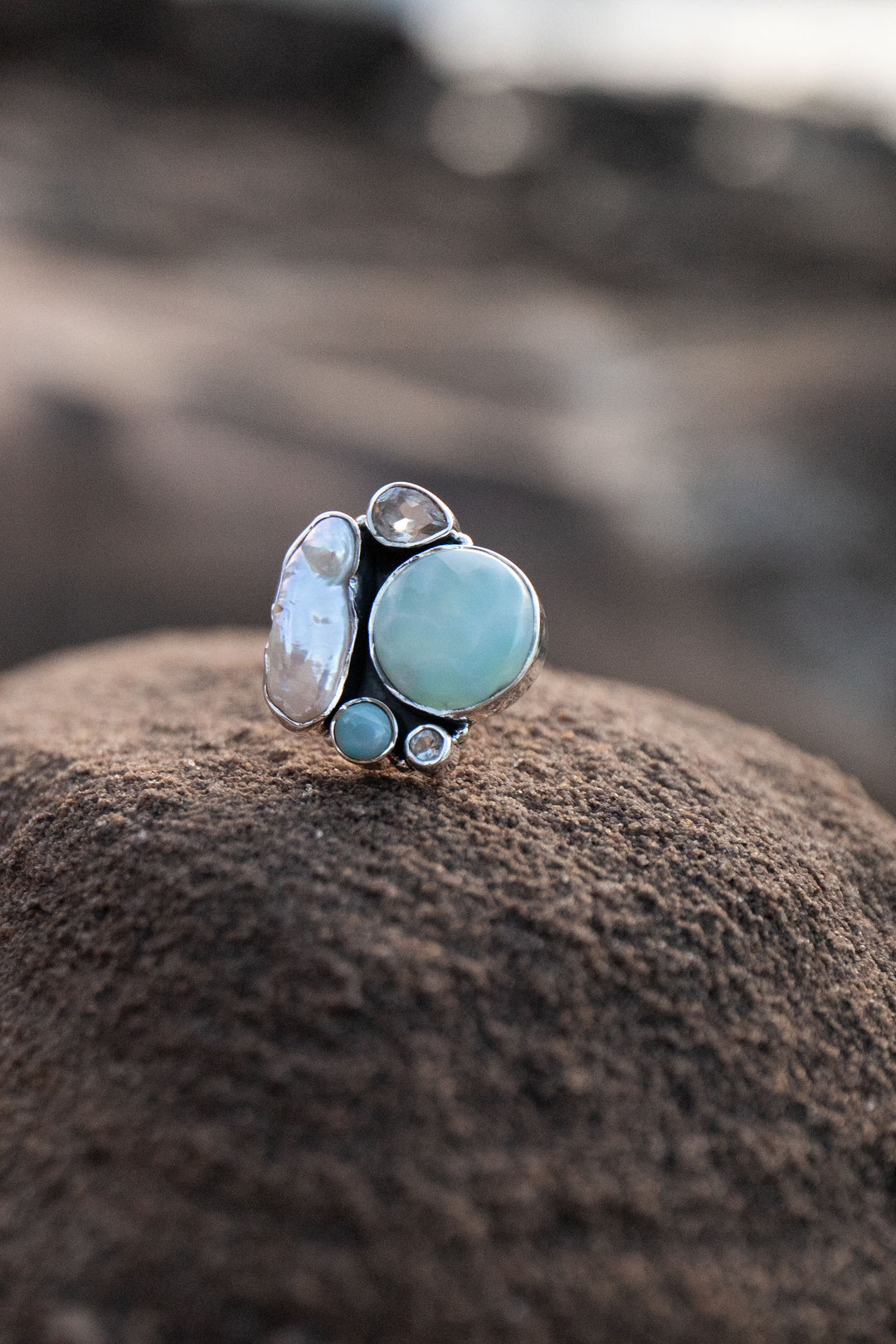 Larimar, Topaz & Freshwater Pearl Ring in Sterling Silver - Size 9 US