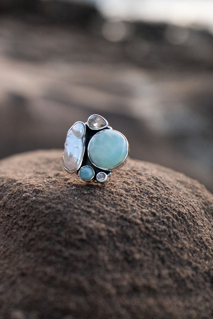 Larimar, Topaz & Freshwater Pearl Ring in Sterling Silver - Size 9 US